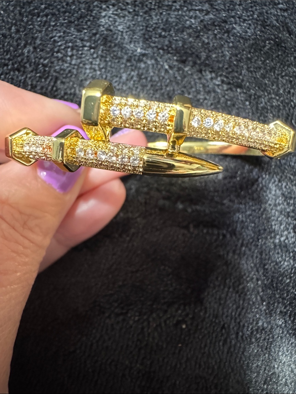Source Unknown Gold Pave Nail Cuff Bracelet with Clear Crystals